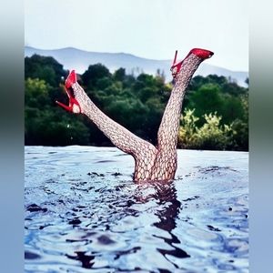 Wolford Womens Studio Micro Fish Scale Deep Ocean Blue Tights Size Medium hosier